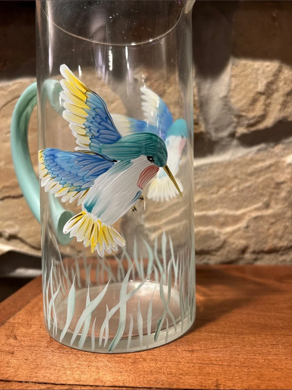 Hand-Painted Glass Pitcher with Colorful Hummingbirds